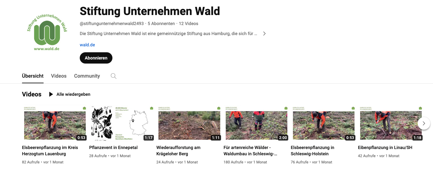 Youtube Kanal der Stiftung Unternehmen Wald